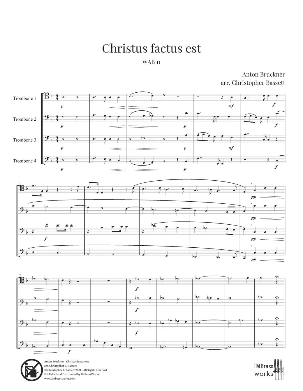 Bruckner arr. Bassett: Christus factus est for Trombone Quartet