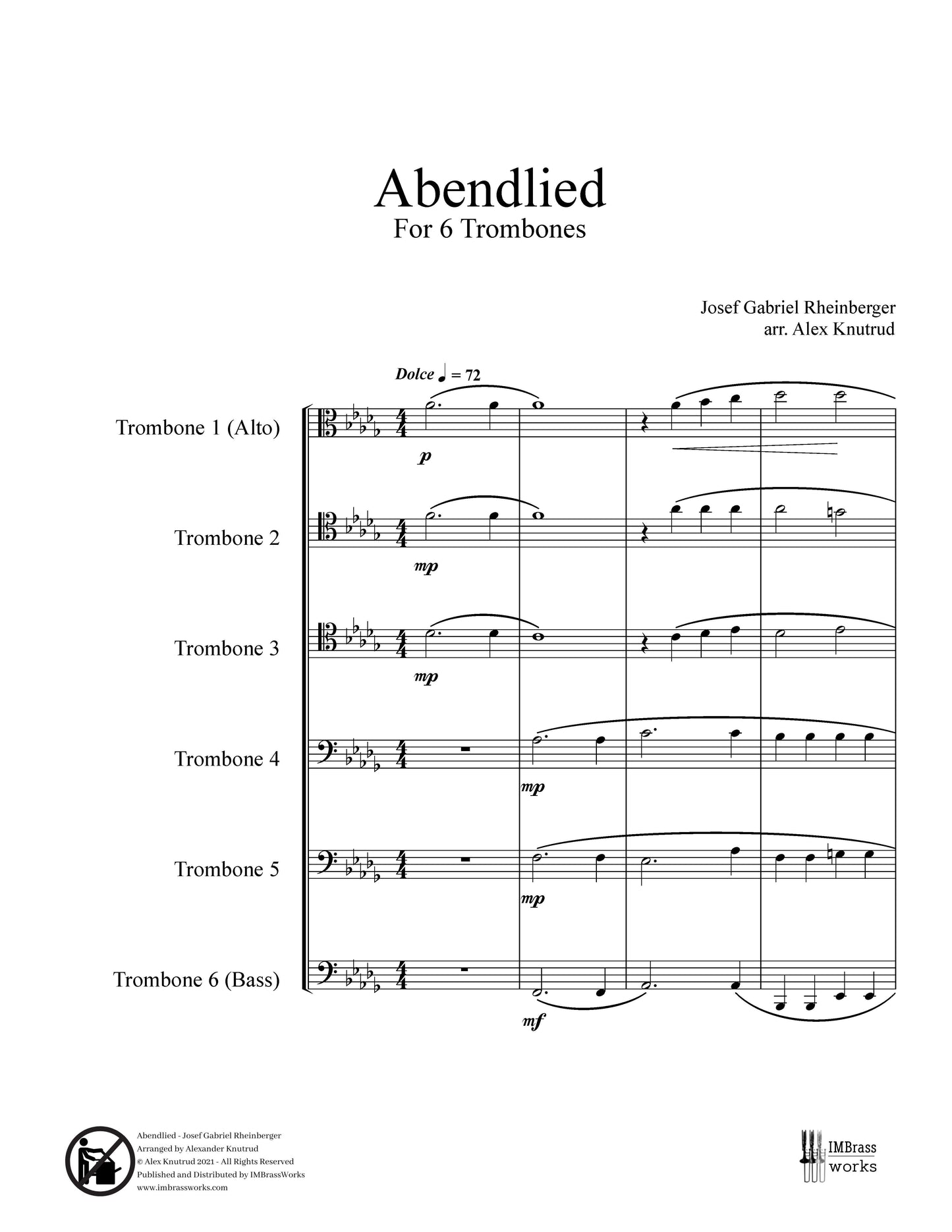 Rheinberger arr. Knutrud: Abendlied for Trombone Sextet