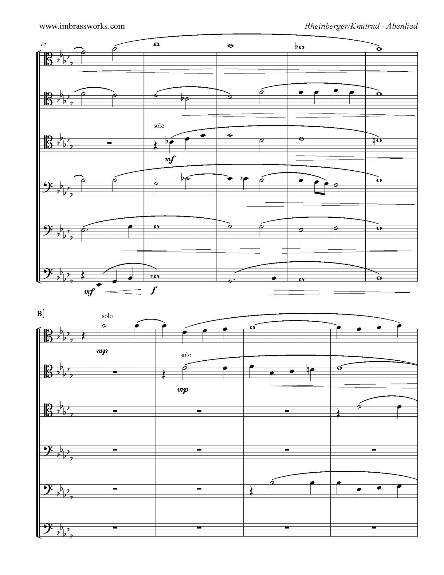 Rheinberger arr. Knutrud: Abendlied for Trombone Sextet