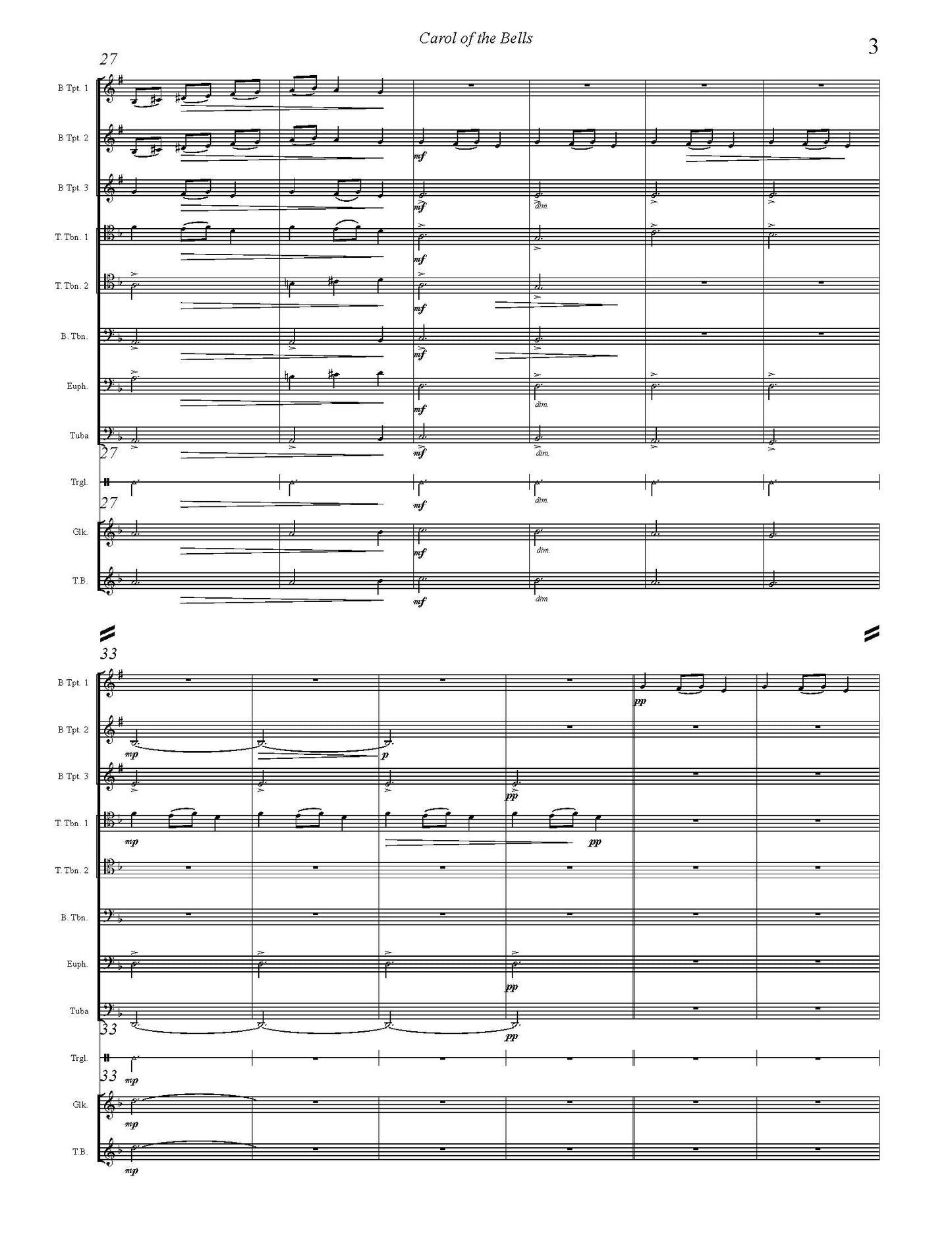 Leontovych/Burnam: Carol of the Bells for Brass Ensembple (0.3.3.Euph .1, 3 perc)