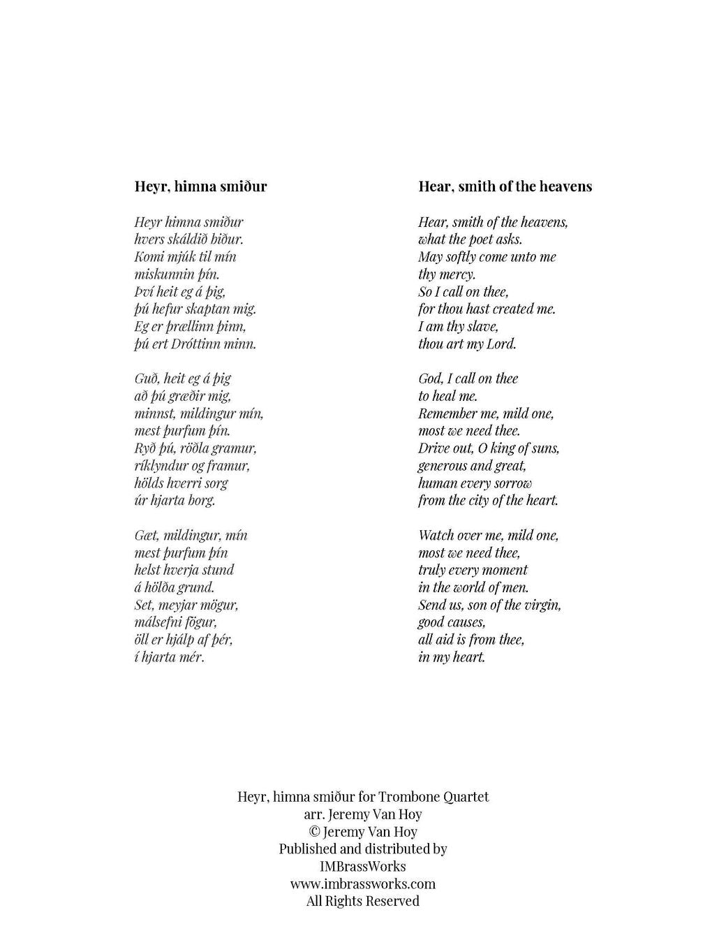 Trad. arr. Van Hoy: Heyr, himna smiður - Icelandic Hymn for Trombone Quartet