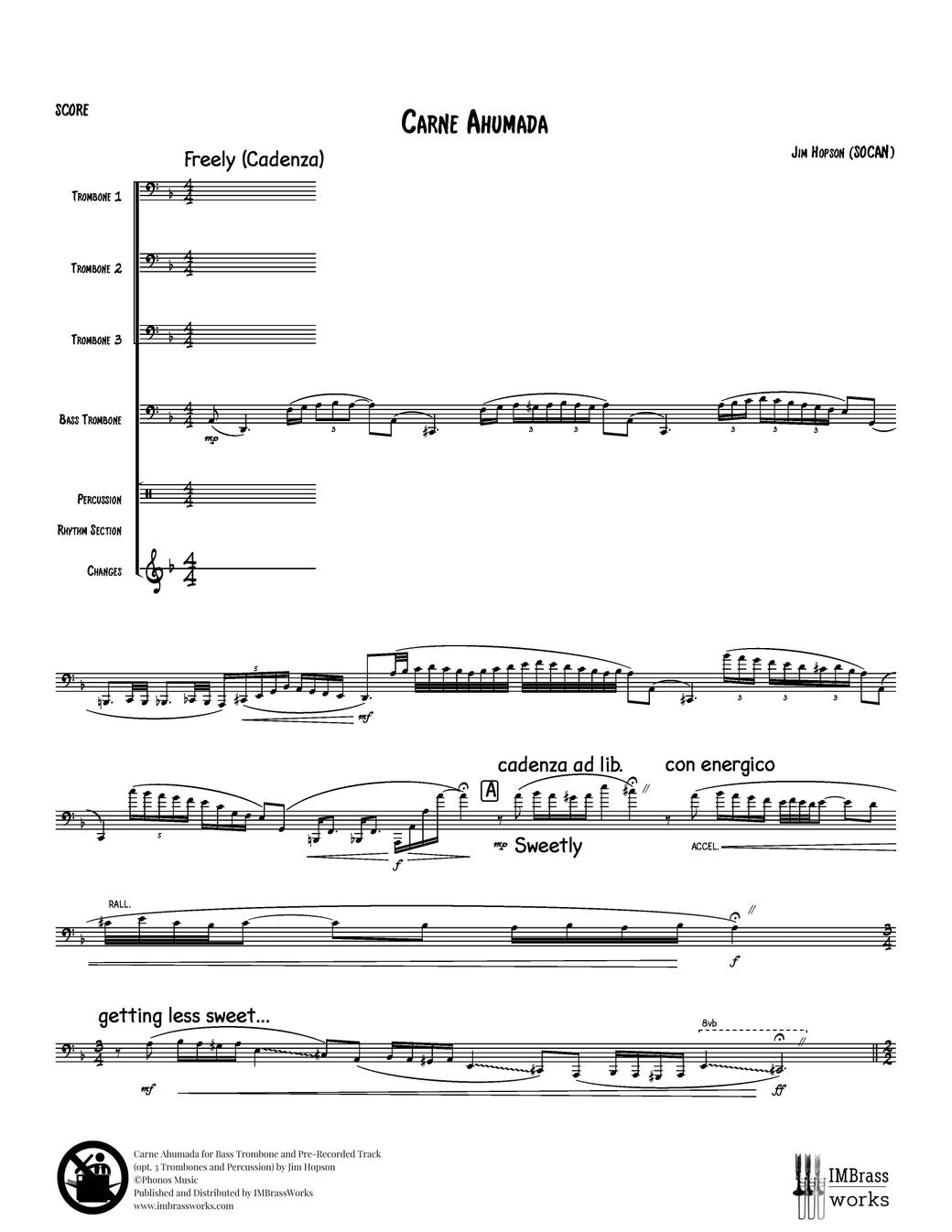 Jim Hopson: Carne Ahumada for Bass Trombone and Track (opt. 3 Trombones and Percussion)