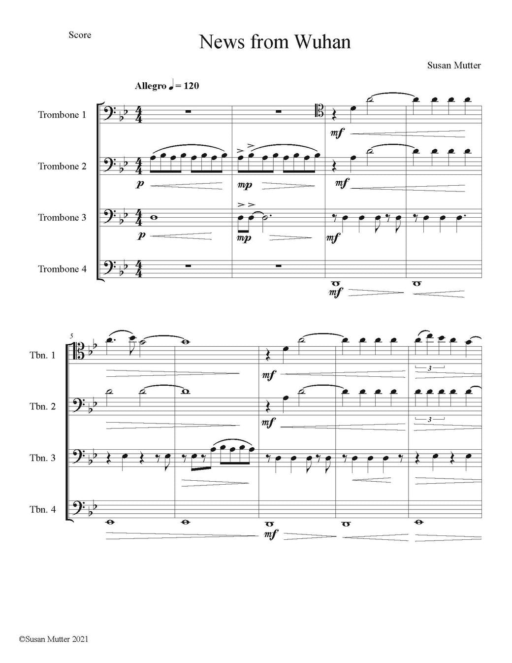 Susan Mutter: A Trip Through a Pandemic, and Out the Other Side, for 4 Trombones