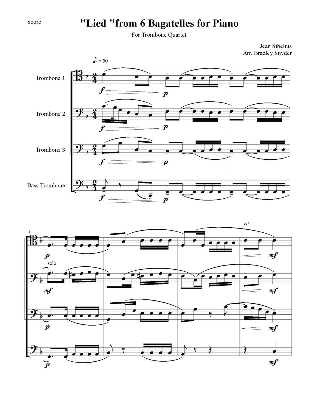 Sibelius arr. Snyder: Lied for Trombone Quartet