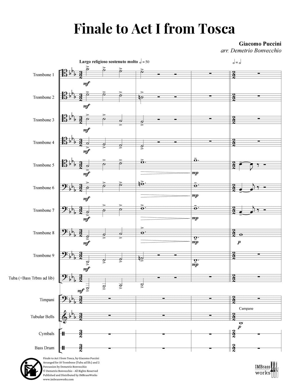 Puccini arr. Bonvecchio: Finale to Act I from Tosca for Trombone Choir and Perc.