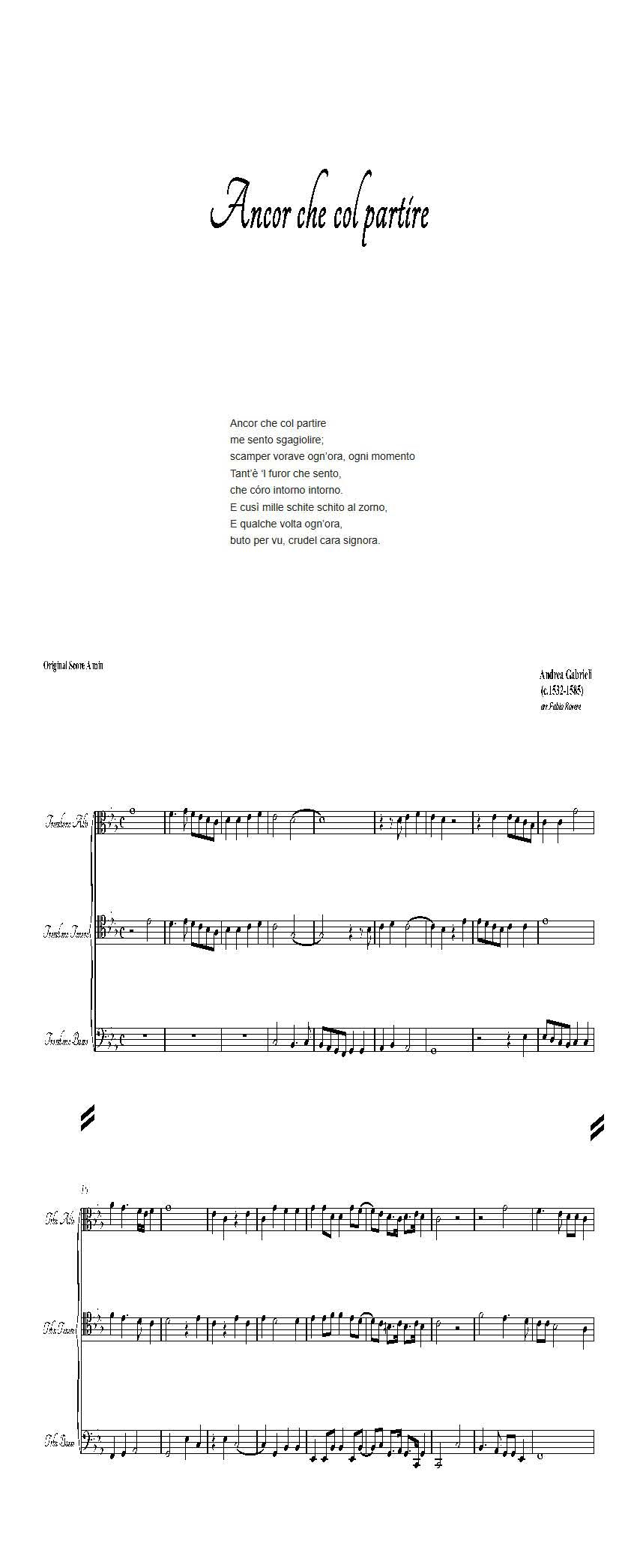 Andrea Gabrieli arr. Fabio Rovere: Ancor che col partire for Trombone Trio