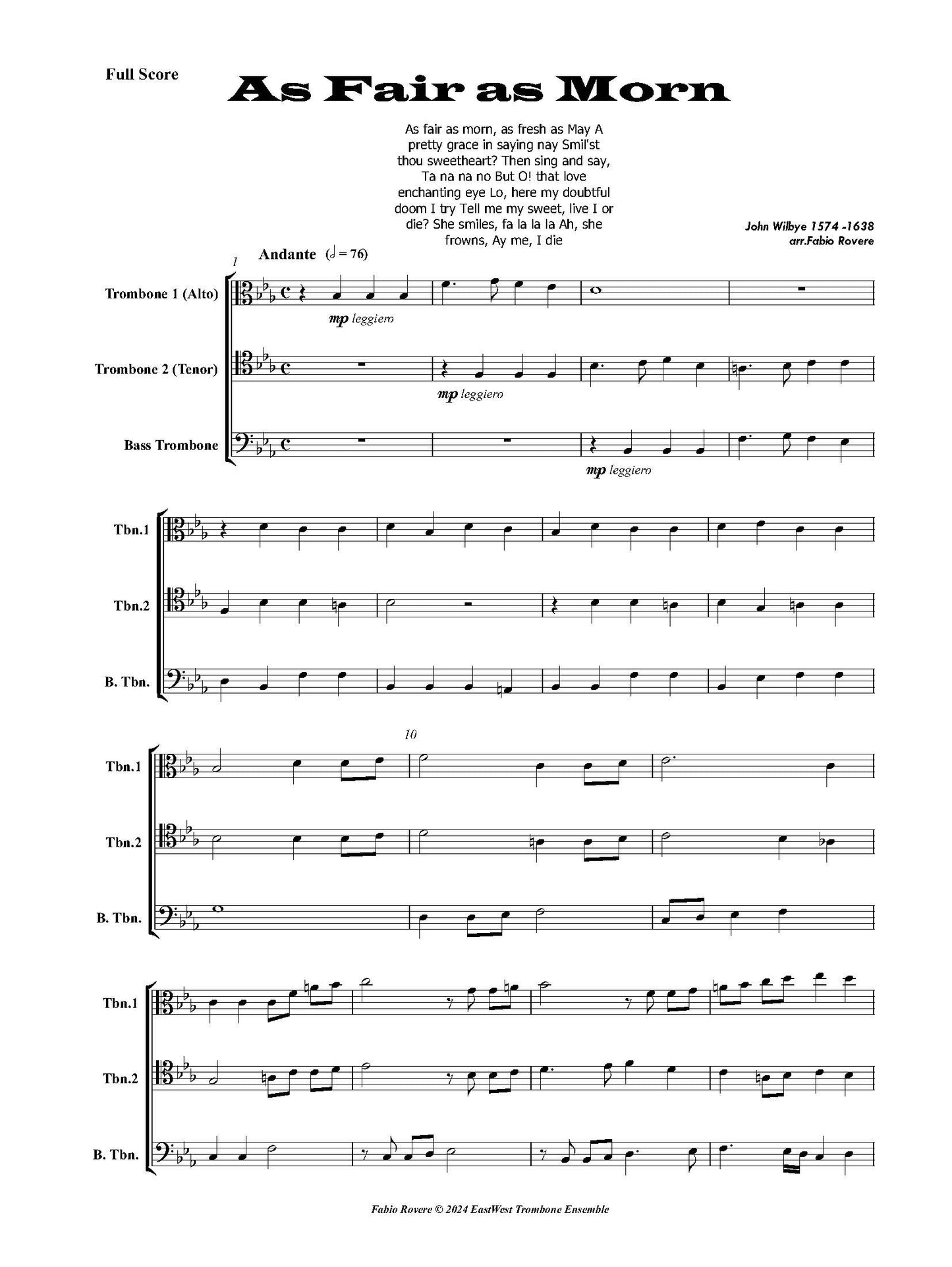 John Wilbye arr. Fabio Rovere: As Fair as Morn for Trombone Quartet
