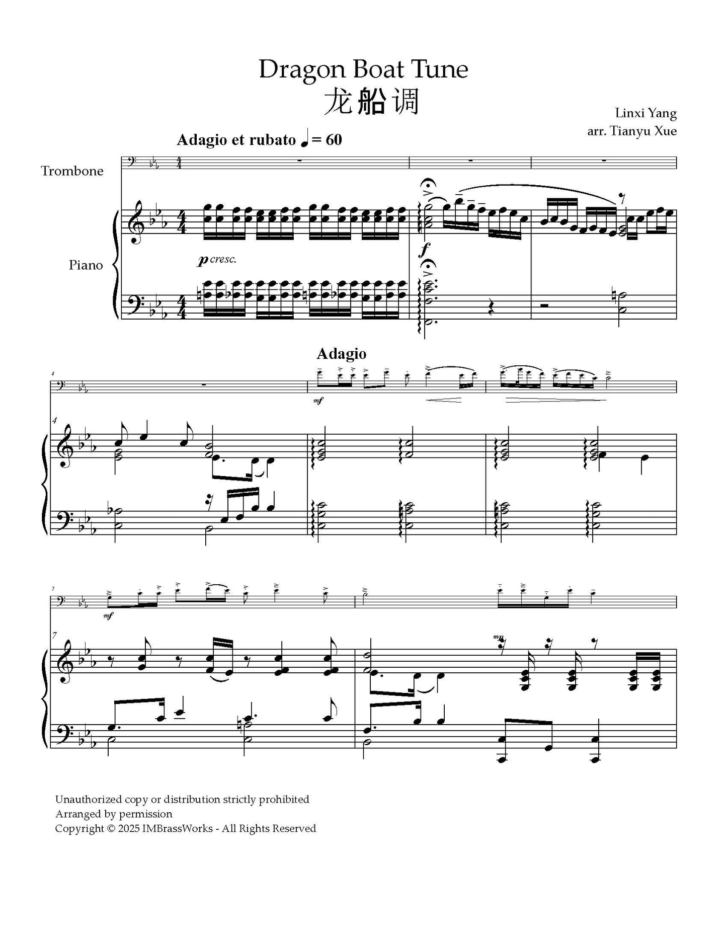 Linxi Yang arr. Xue: Three Chinese Folk Melodies: Dragon Boat Tune, Flowers, Why Are You So Bright Red, The Swan Goose for Trombone and Piano