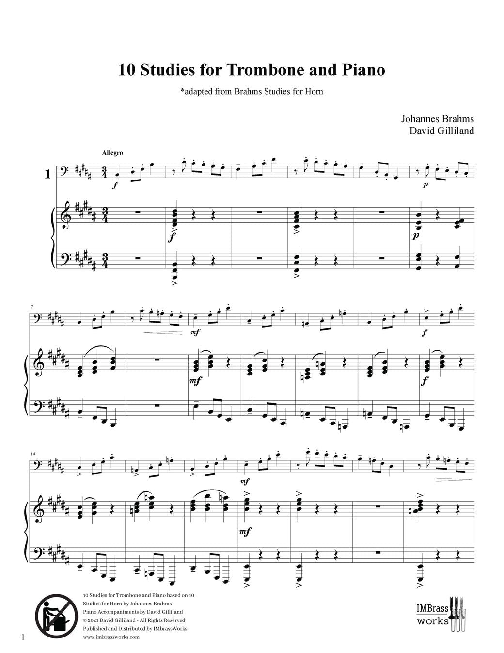 Brahms/Gilliland: 10 Studies for Trombone and Piano
