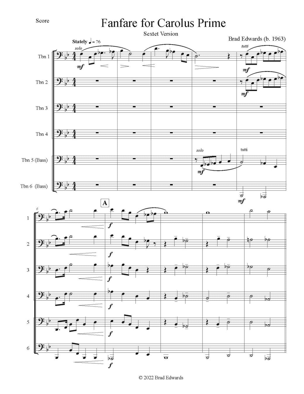 Brad Edwards: Fanfare for Carolus Prime for Trombone Sextet or Duodectet