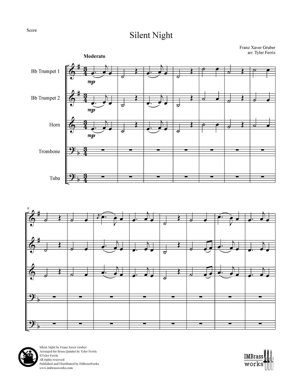 Franz Xaver Gruber arr. Ferris: Silent Night for Brass Quintet