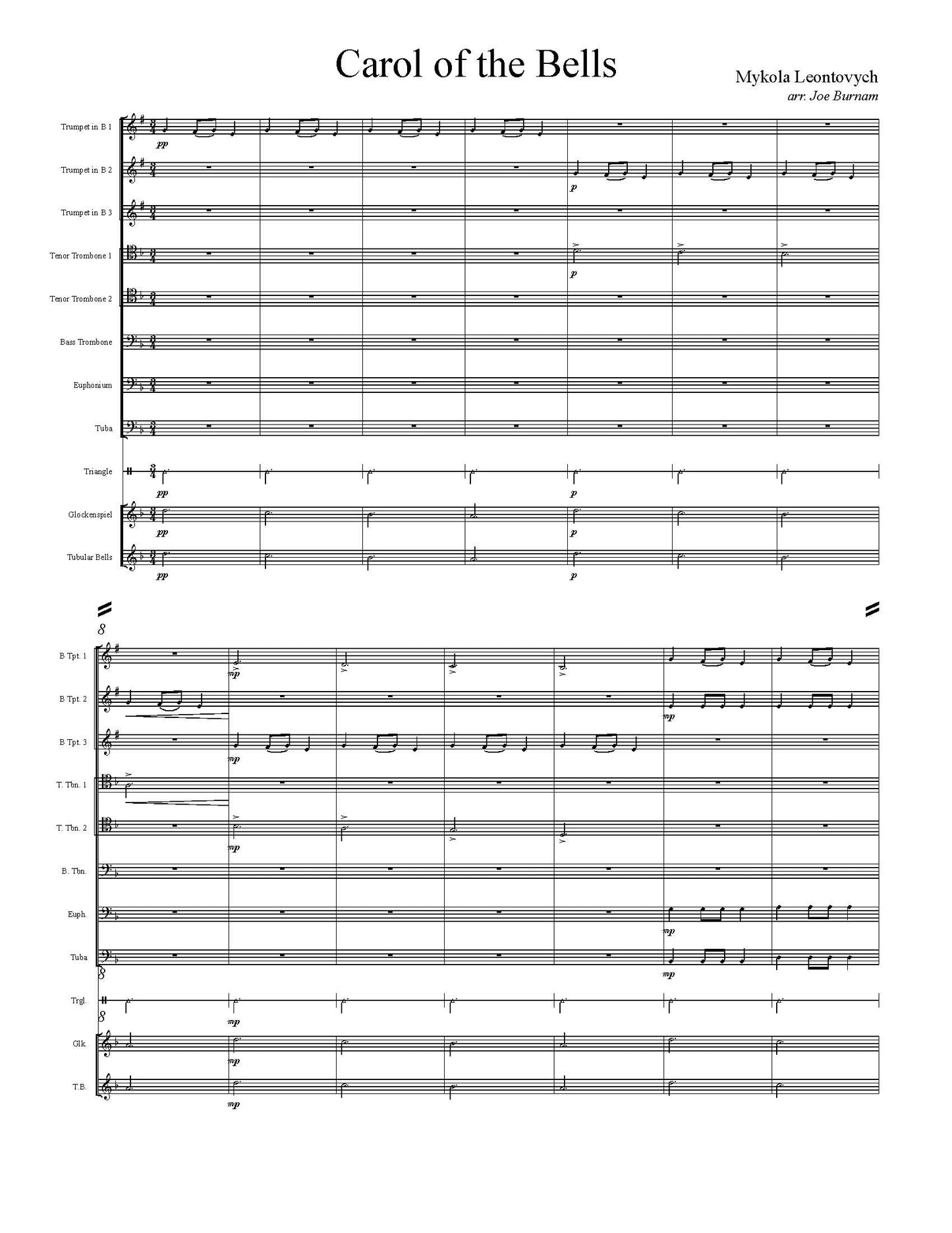 Leontovych/Burnam: Carol of the Bells for Brass Ensembple (0.3.3.Euph .1, 3 perc)