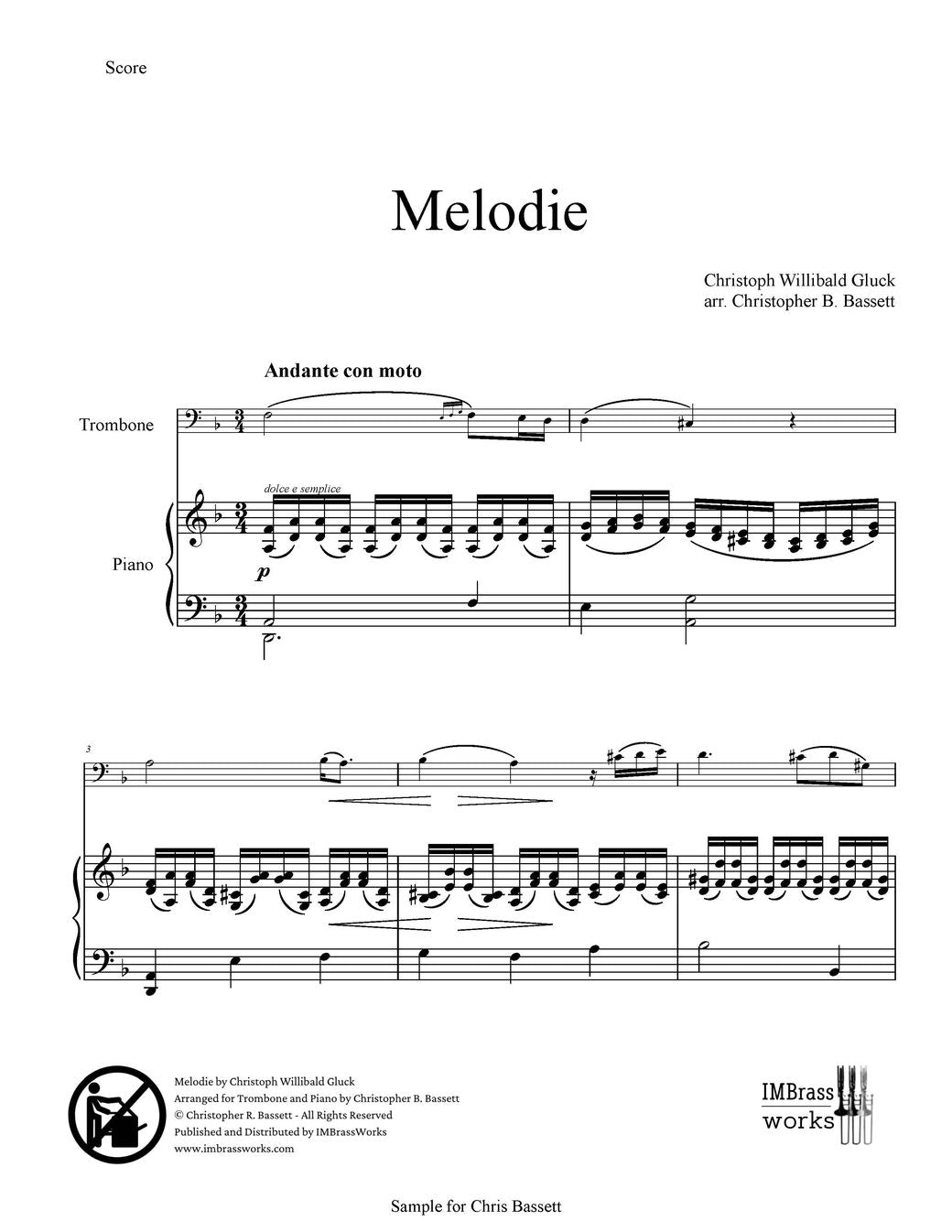 Gluck arr. Bassett: Melodie for Trombone and Piano