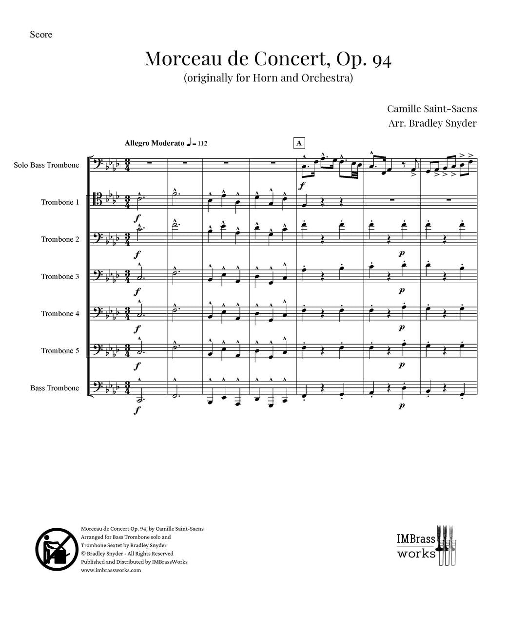 Saint-Saëns arr. Snyder: Morceau de Concert for Bass Trombone Solo and Trombone Sextet