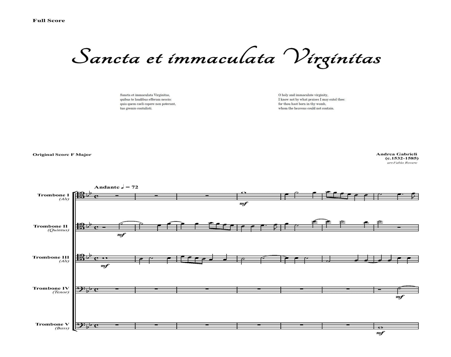 Andrea Gabrieli: Sancta et Immaculata Virginitas for Trombone Quintet
