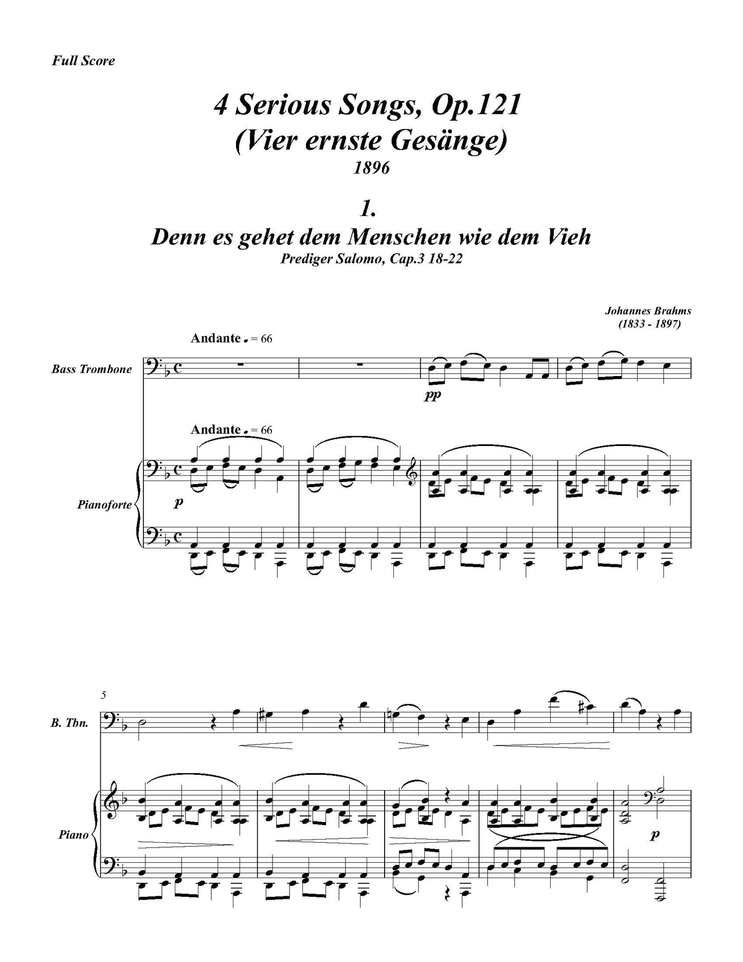 Brahms arr. Rovere: Four Serious Songs for Trombone and Piano