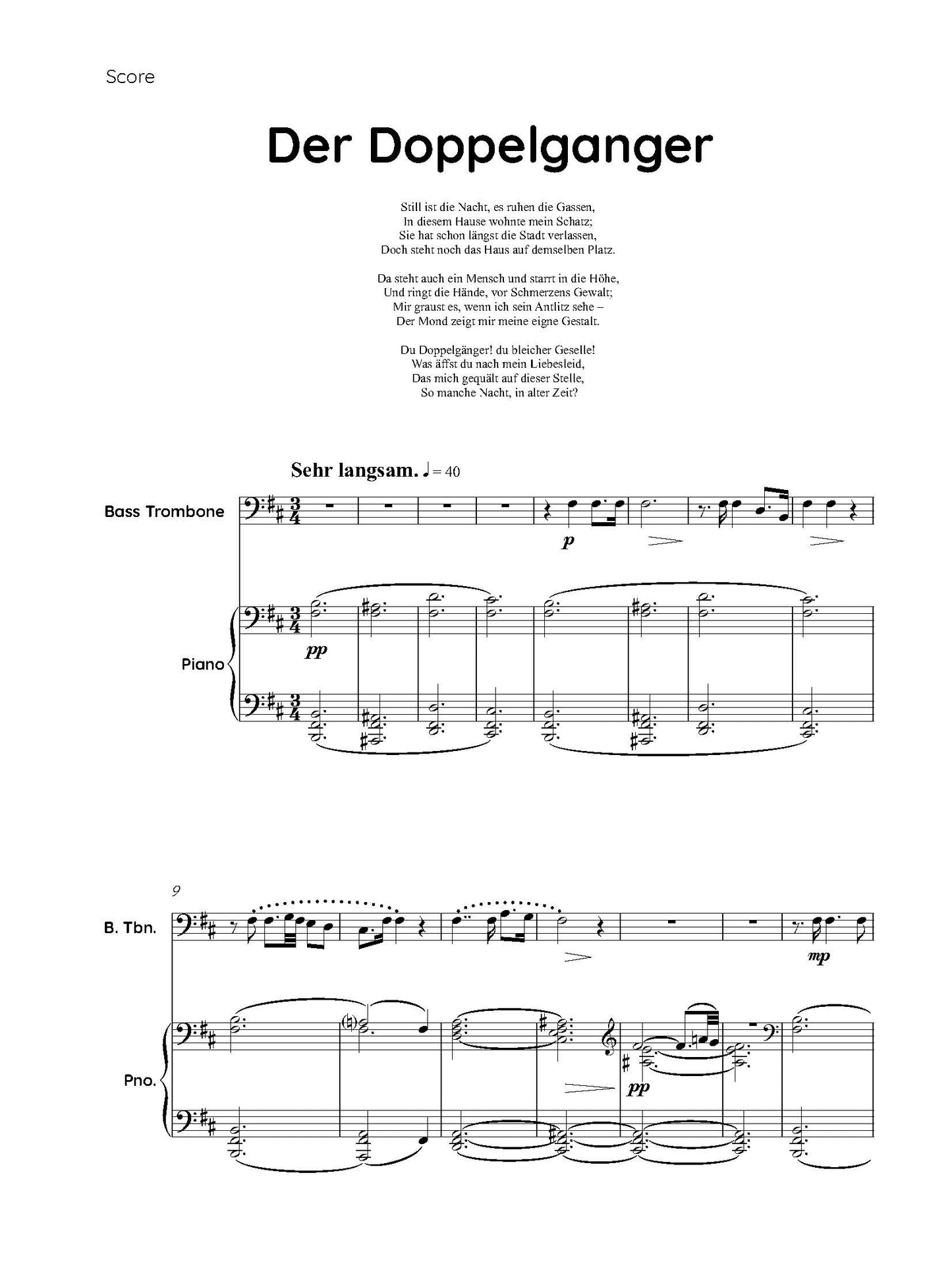 Franz Schubert arr. Fabio Rovere: Der Doppelganger for Bass Trombone and Piano