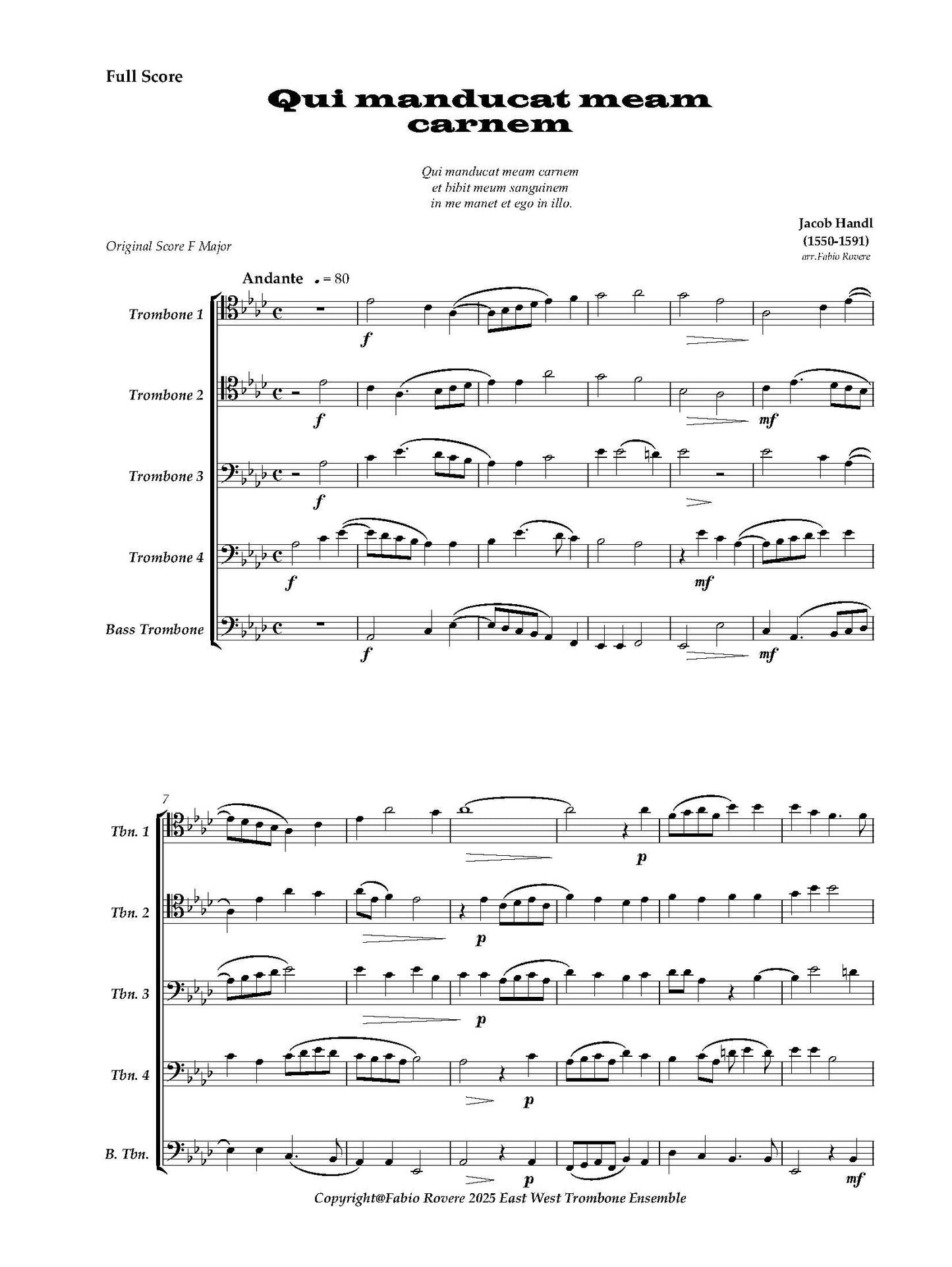 Jacob Handl arr. Fabio Rovere: Qui manducat meam carnem for Trombone Quintet