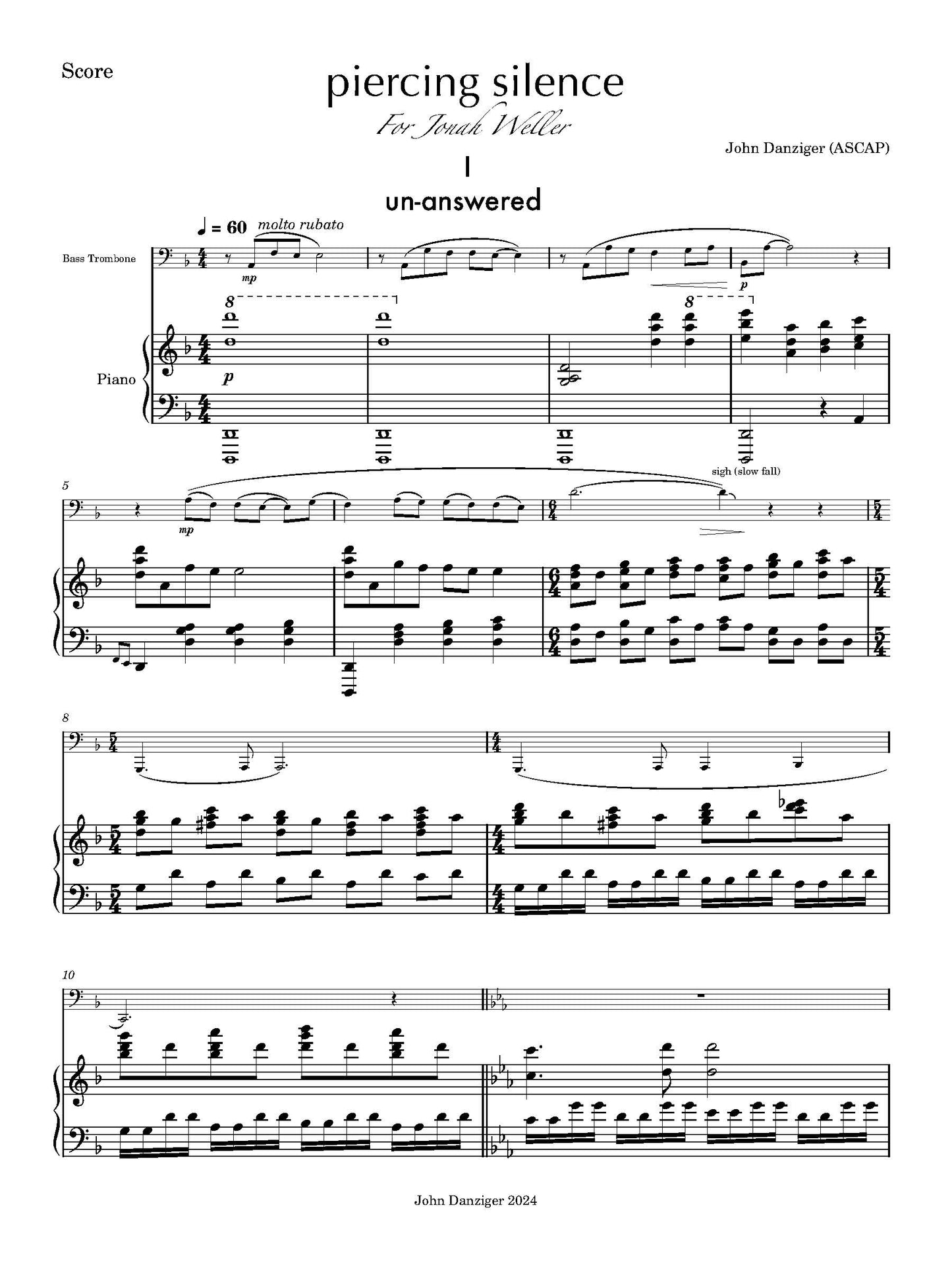 Danziger: Piercing Silence for Bass Trombone and Piano (PDF)
