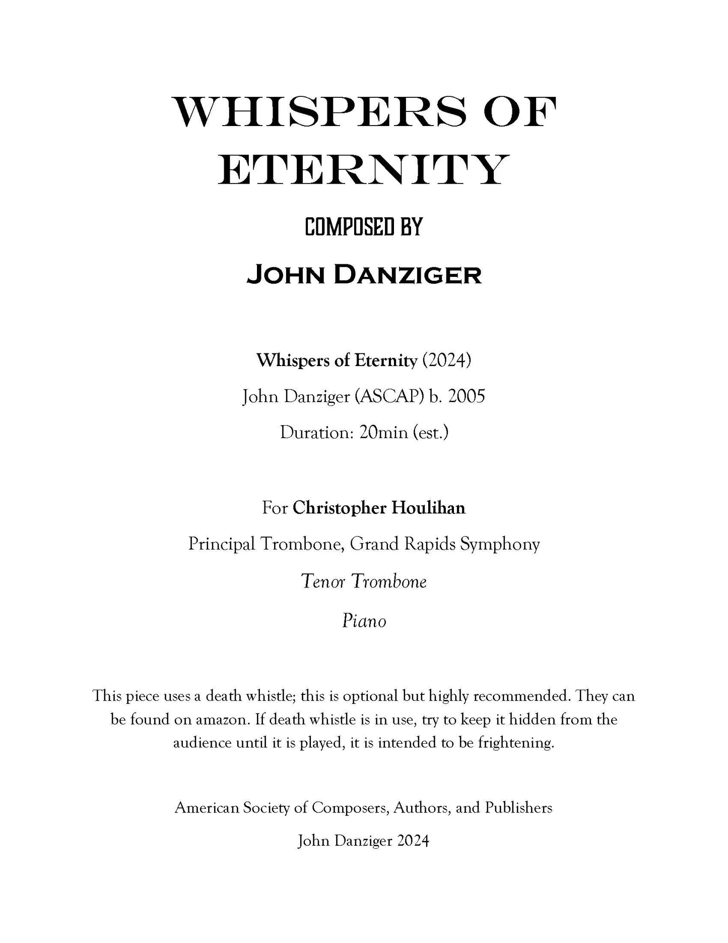 Danziger: Whispers of Eternity for Tenor Trombone and Piano