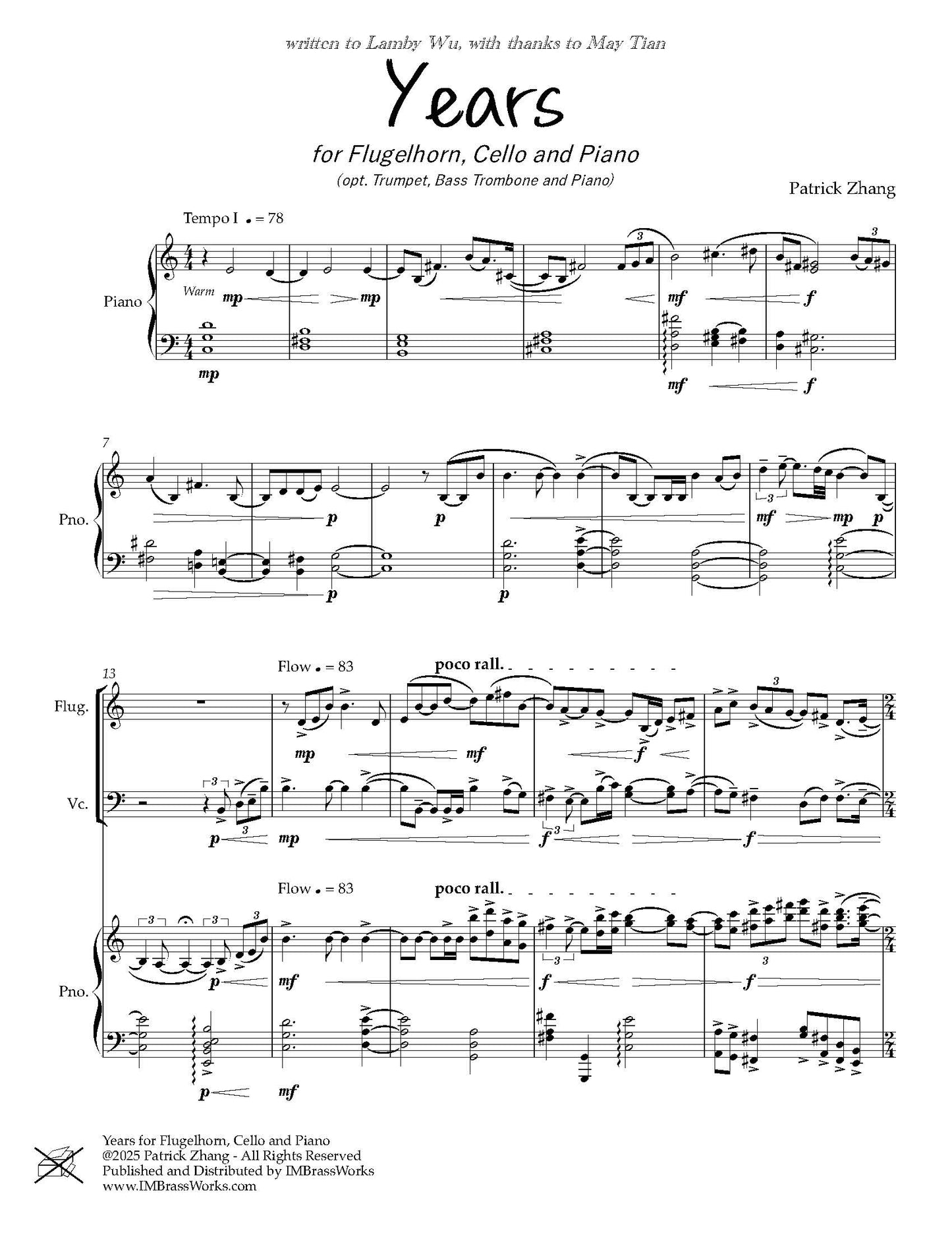 Patrcik Zhang: Years for Trumpet, Trombone, and Piano (opt. Flg, Vc, Pno.)